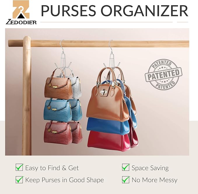 ZEDODIER Purse Hanger Organizer for Closet, 4 Pack Hanging Bag Holder, Keeping Purses Visible and in Good Condition, Metal Handbag Storage Hook Backpack Rack Space Saving Hanger, Silver