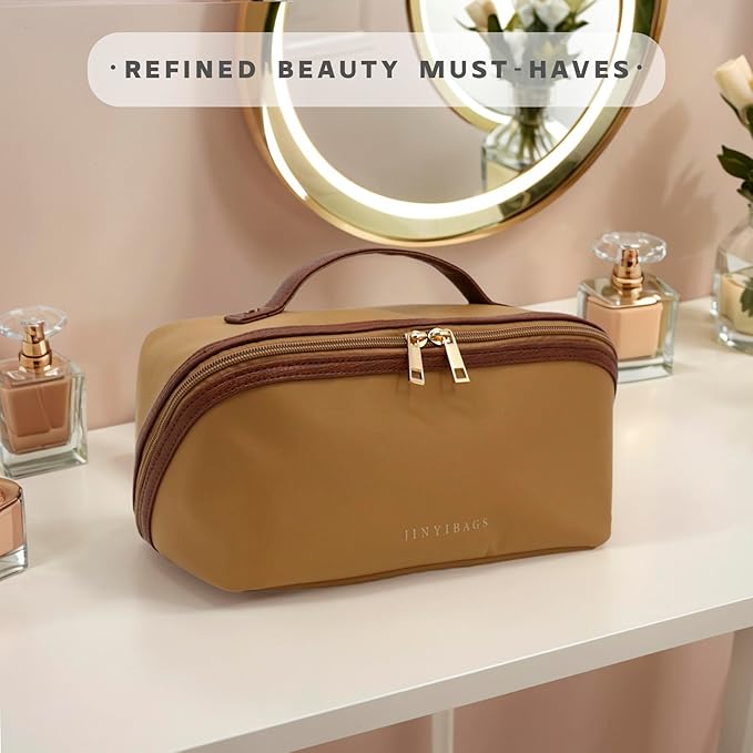 Travel Makeup Bag – Large Cosmetic Organizer with Waterproof Nylon, Smooth Double Zipper & Tear-Resistant Lining, Toiletry Pouch for Women (Khaki)