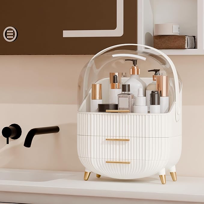Makeup Organizers and Storage, Make up Organizer for Vanity Cosmetics Skincare Organizers With Lid and Drawers Display Cases for Countertop（White）