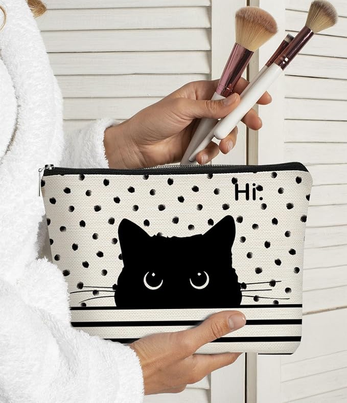 Cat Makeup Bag - Black Cat Purse, Small Cute Makeup Bag Cosmetic Bag For Women & Teen Girls, Cat Lady Gifts For Women (Polka Dot)