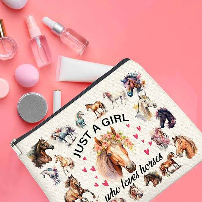 Horses Gifts Makeup Bag Funny Horse Lover Gifts for Girl Women Cowgirl Cosmetic Bag Just a Girl Who Loves Horses Zipper Makeup Pouch Gift