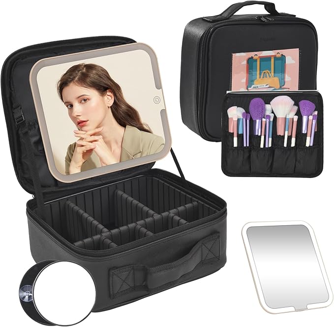 Travel Makeup Bag with LED Mirror,Removable Mirror with 3 Color Modes,Portable makeup travel organizer for Women,Makeup Case with 8 Adjustable EVA Dividers,Cosmetic Train Case with Lighted Mirror