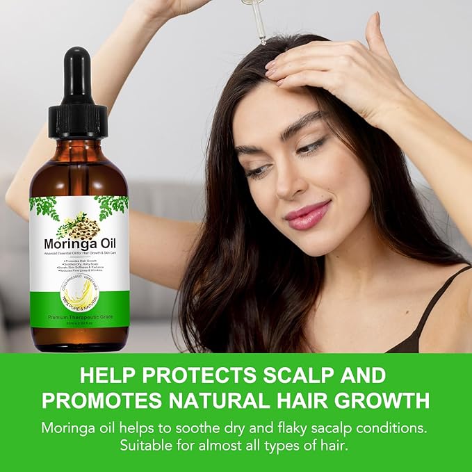 Moringa Oil for Hair 2.02 fl.oz, 100% Natural Premium Organic Cold-Pressed Glass Bottle Moringa Oil, Moringa Seed Oil for Face, Hair & Body Care, Anti-Aging, Nourish Hair, Scalp & Body Massage