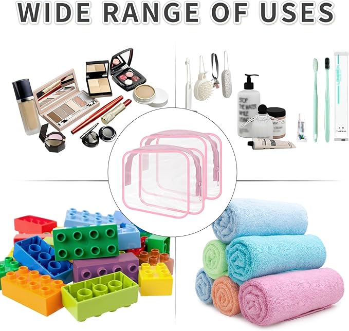 16 Pieces Clear Makeup Bags Bulk, TSA Approved Toiletry Bags Travel Pouch, Waterproof PVC Plastic Small Clear Cosmetic Bags with Zipper for Organizing (Pink Border)