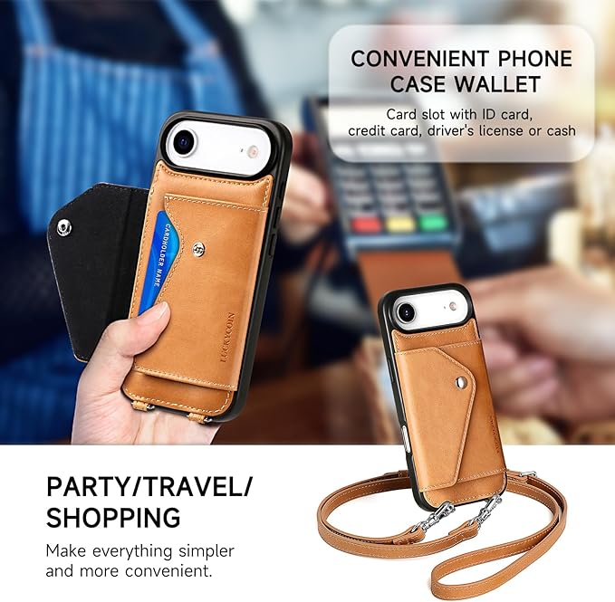 LUCKYCOIN Crossbody Wallet Phone Case for iPhone Air,100% Genuine Leather Wallet Phone Case with Expandable Flip Card Holder,Phone Purse for Women with Adjustable Removable Strap - Brown