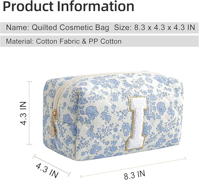 Gleyemor Personalized Initial Makeup Bag for Women, Cute Quilted Blue Floral Cotton Cosmetic Bag, Christmas Gifts for Her Mom Friend Sister Bridesmaid Teacher Women I