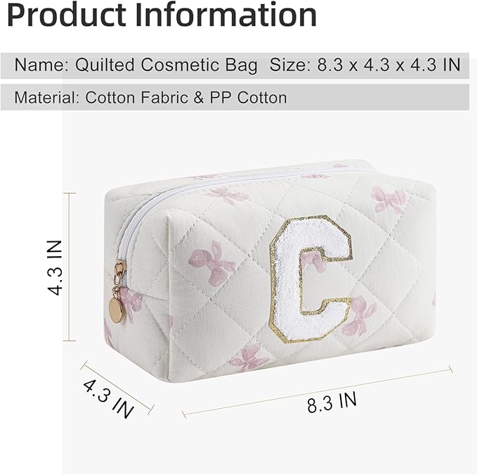 Gleyemor Personalized Initial Makeup Bag for Women, Cute Quilted Pink Floral Cotton Cosmetic Bag, Christmas Gifts for Her Mom Friend Sister Bridesmaid Teacher Women C