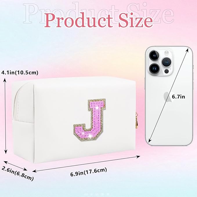 Glitter Initial Letter Makeup Bag, Small Personalized Sequins Letters PU Leather Cosmetic Bag Portable Waterproof Makeup Zipper Pouch, Shine Handbag Organizer Travel Bag Gifts for Women&Girls(White-J)