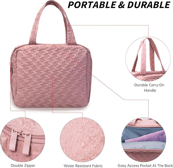 SUNRISING Travel Toiletry Bag for Women，Large Toiletry Bag for Women，Water-Resistant Puffy Cosmetic Makeup Bag Organizer with Handle for Travel Toiletries Skincare Accessories Essentials - Pink
