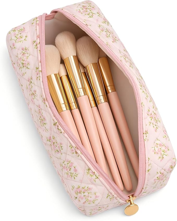 Floral Cotton Makeup Brush Cosmetic Bag for Women, Travel Quilted Zipper Pouch, Large Capacity Flowers Toiletry Organizer, Kawaii Makeup Storage Case, Cosmetic Travel Cloth Bag-Pink Floral