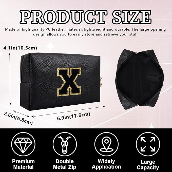 Personalized Initial Letter Patch Makeup Bag, Preppy Portable Chenille Cosmetic Bag with Zipper, PU Leather Waterproof Travel Toiletry Bag Monogram Make Up Pouch for Women Girls