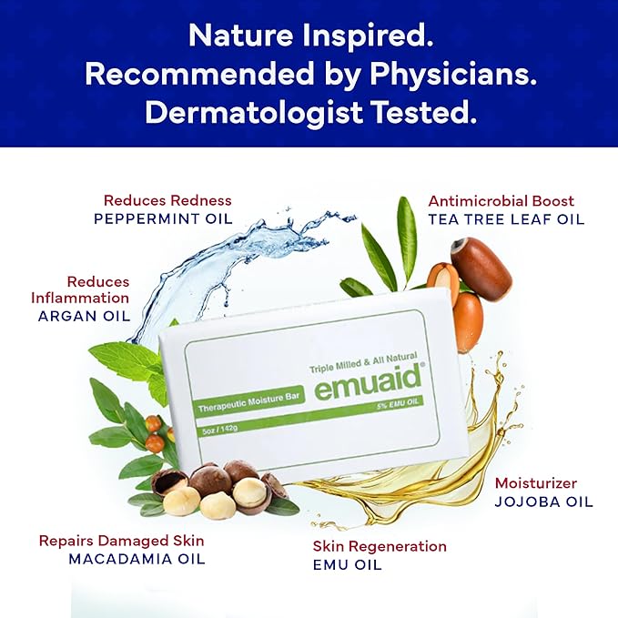 emuaid Therapeutic Moisture Bar, Cleansing Face and Body Bar Soap, Soothes and Repairs Dry, Damaged Skin with 5% Emu Oil, Tea Tree Oil, Argan Oil, Macadamia, & Jojoba, For All Skin Types, 5oz, 1 Pack