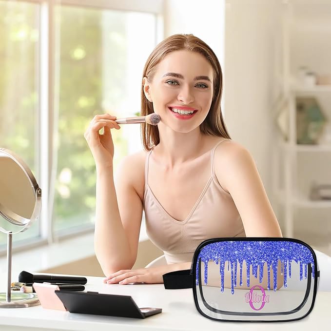 Personalized Clear Makeup Bag with Name, Best Friends Teen Women Mom Birthday Gift Transparent PVC Toiletry Travel Bag for Toiletries, Shiny Bling Royal Blue Fluid Shape Glittery
