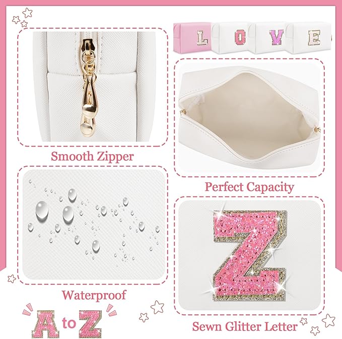 Initial Letter Patch Makeup Bag, Preppy Glitter Letter Pouch Cosmetic Bag,Small PU Travel Toiletry Bag Zipper,Personalized Monogrammed Gift for Friends Sister,Cute Stuff for Women Teen Girls(Letter Z)