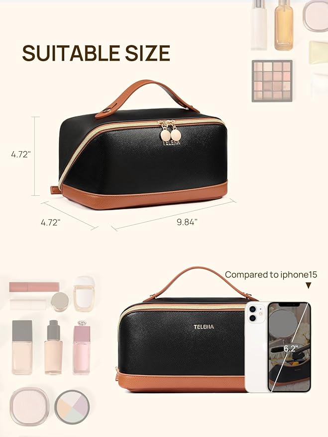 Telena Leather Make Up Bag Portable Travel Makeup Bag Waterproof Cosmetic Bags for Women Large Capacity With Handle and Divider Open Flat