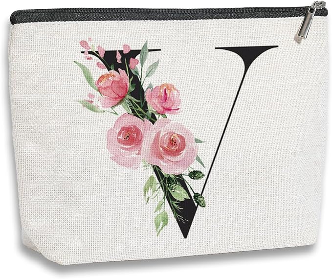 Initial Makeup Bag, Personalized Gifts for Women, Bridesmaid Gifts, Birthday Gifts for Women Mom, Gifts for Best Friend, Bride Bridesmaid Cosmetic bag (Letter V)