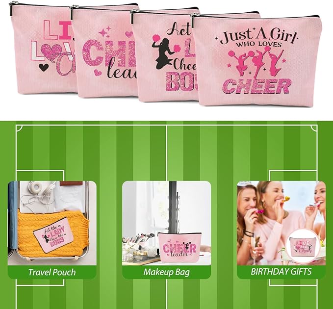 Cheerleader Gifts, 4 Pcs Cheer Makeup Bag Cheer Gifts Cheer Stuff Cosmetic Bag Cheerleading Gifts for Women Girls Friends Teammates Travel Toiletry Bag, Graduation Birthday Gifts Cheer Team Gifts