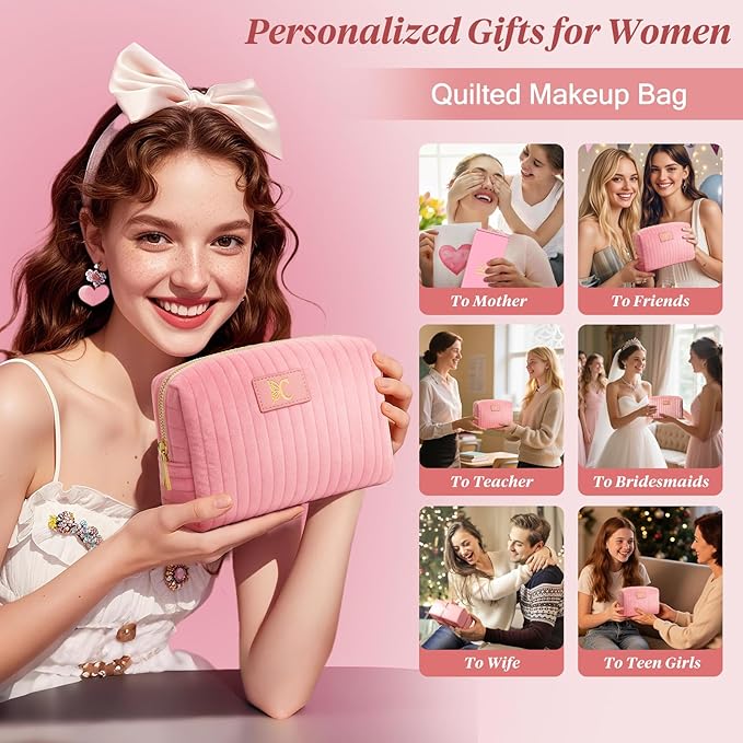 Monogrammed Make Up Bags for Women,Personalized Cosmetic Bags Women,Small Quilted Makeup Pouch,Cute Makeup Bag Travel,Birthday Gifts for Teen Girl (Pink C)