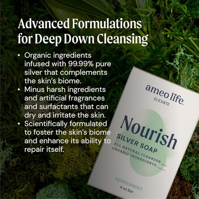 Ameo Life Peppermint Silver Soap with 30 ppm Silver - Naturally Cleanses the Skin, 4 oz Colloidal Silver Soap Bar for Women and Men