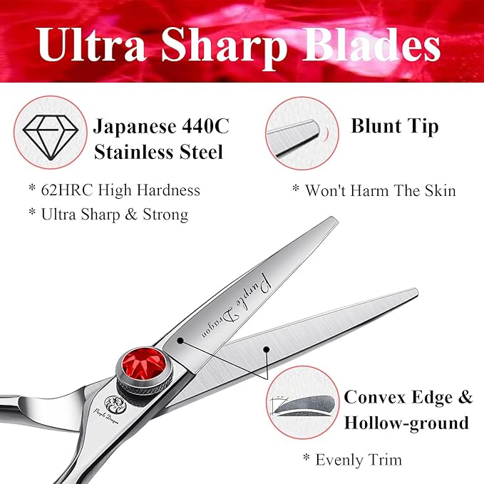 Purple Dragon 4.5 Barber Hair Cutting Scissors Small Moustache Shears with Bag- Perfect for Professional Hairstylist, Hairdresser (4.5 inch)
