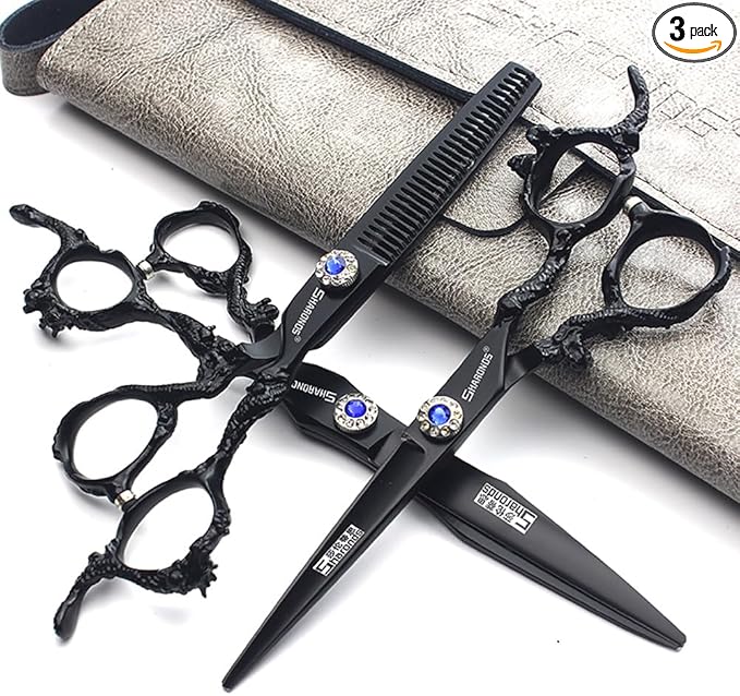6+7 inch hair stylist barber scissors black plate dragon 440C hairdressing cutting scissors+thinning scissors (3PC)