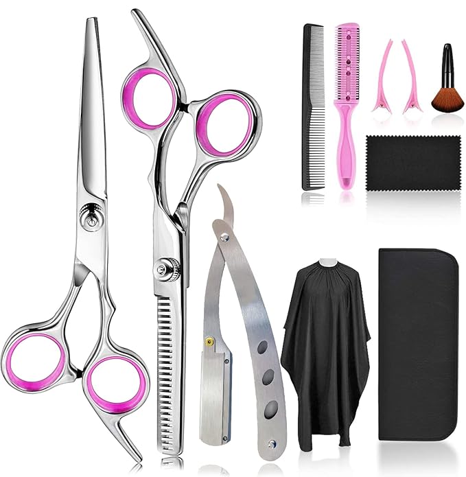 FCYSY Professional 11-Piece Hair Cutting Scissors Kit, Barber Scissors Hairdressing Texture Shears Straight Edge Razor Barber Supplies, Haircutting Shears Salon Tools