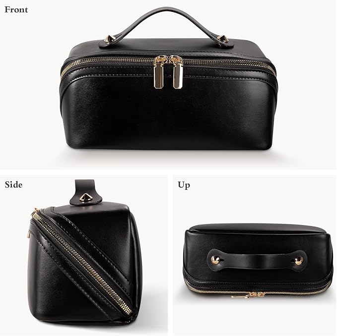 Abiudeng Travel Makeup Bag,Large Capacity Toiletry Bag Cosmetic Bags for Travel Essentials,Waterproof Portable Pouch Open Flat Makeup bag Organizer with Divider and Handle-black