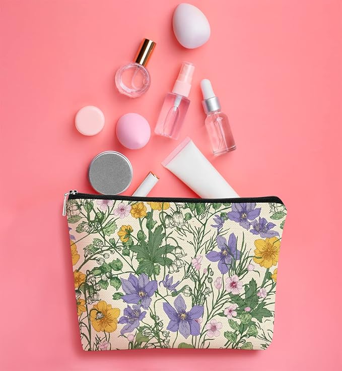 Vintage Cottagecore Summer Wild Flowers Botanical Herbs Makeup Bag,Colorful Floral Cosmetic Bag Best Gift Idea for Flower Lovers Girls Women Mom,Birthday Gifts for Girls,Mother's Day Gifts for Mom