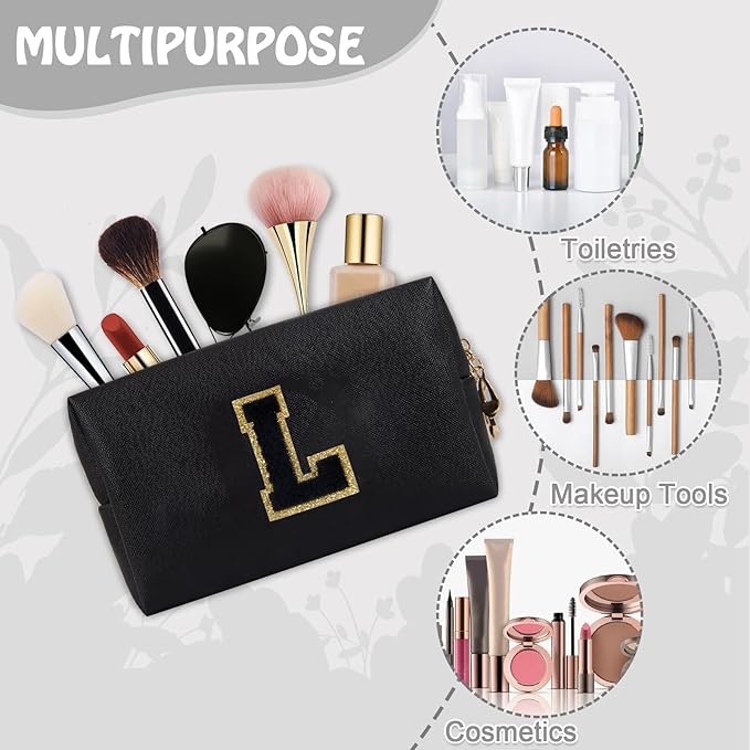 Personalized Initial Preppy Travel Makeup Bag Organizer, Small Black Cute Cosmetic Bag Toiletry Zipper Pouch for Purse, Portable Waterproof PU Make Up Case Birthday Gift for Her Mom Teacher(Letter L)