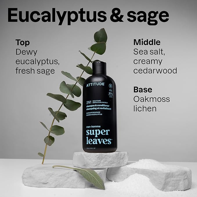 ATTITUDE Men's Shampoo and Conditioner 2-in-1, Scalp Care for Build Up & Oily Hair, Refresh With Peppermint & Willow Extract, 97% Natural Origin Ingredients, EWG Verified, Eucalyptus & Sage, 14 Fl Oz