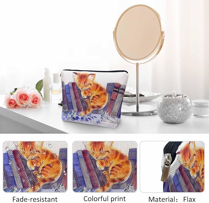 Cat Cosmetic Travel Bag For Toiletries, Funny Cat Kitten Sleep Floral Library Bookshelf Makeup Bag Toiletry Bags For Women, Flax Cosmetic Bags Make Up Bag Purse Toiletries Bag Birthday Gift