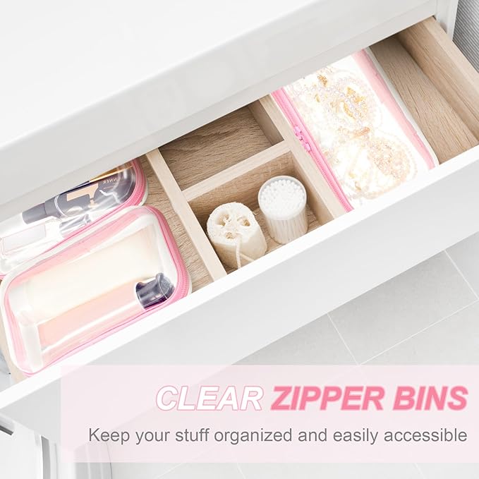 Hoolerry 3 Pcs Clear Hard Zipper Case Plastic Pouch Transparent Hard Case Clear Makeup Bag Portable Travel Organizer Bin for Cosmetics, Building Blocks, Puzzles(Pink,S)