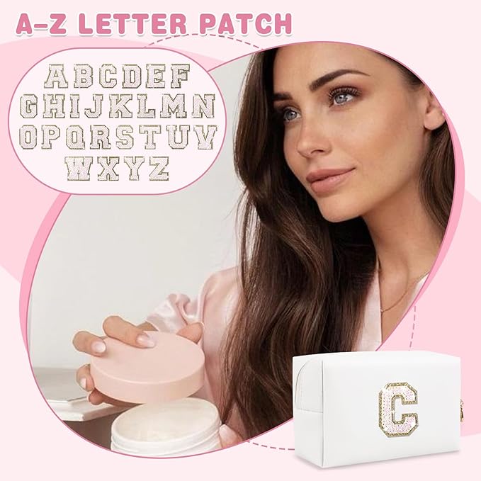 Small Initial Patch Makeup Bag Personalized Gifts Make Up Bag,White Cute PU Leather Glitter Letter Cosmetic Bag with Zipper,Trendy Portable Travel Toiletry Pouch,Preppy Stuff for Teen Girls Women C