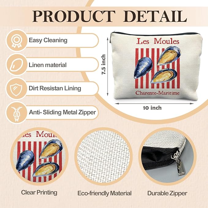 Vintage Mussels Beach Makeup Bag, Red Stripes Nautical Beach Cosmetic Bags for Women, Gifts for Ocean Lovers, Retro Seafood Aesthetic Zipper Makeup Pouch