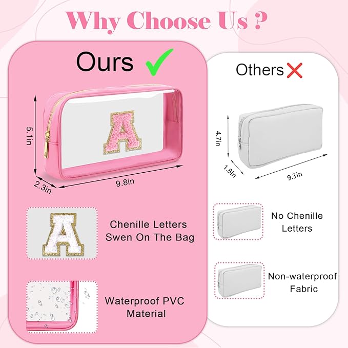 Personalized Initial Letter Clear Makeup Bag,Preppy Small Nylon&PVC Cosmetic Zipper Bag with Chenille Letter,Portable Beach Travel Skincare Toiletry Bag,Trendy Monogram Gift for Teen Girls Women,D
