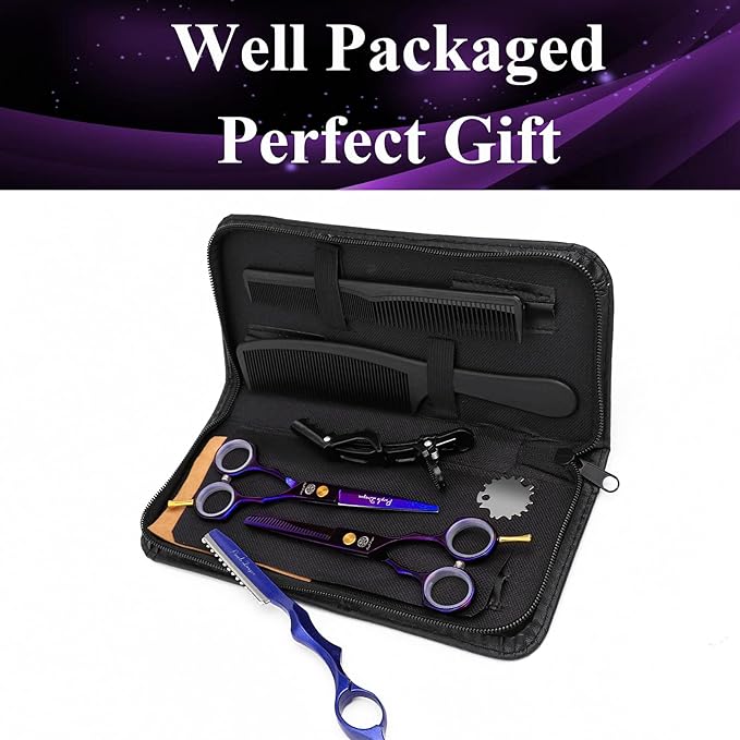Purple Dragon 5.5 inch Hair Cutting Scissors Set with Razor, Leather Scissors Case, Barber Hair Cutting Shears Hair Thinning/Texturizing Shears for Professional Hairdresser or Home Use (Purple)