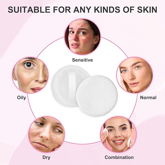 100% Cotton Powder Puff, 10 Pcs Makeup Powder Puff for Face Powder, 2.36 inch Cosmetic Puffs Pads with Ribbon for Loose and Foundation(White)