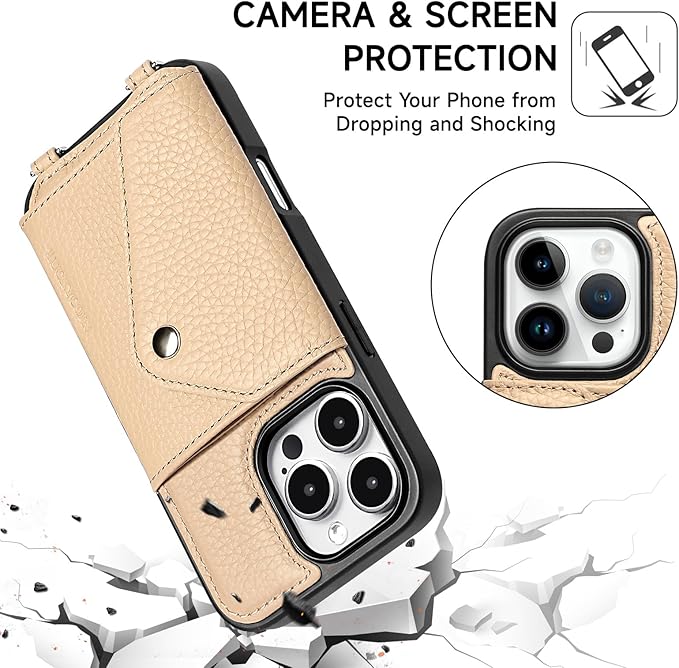 LUCKYCOIN Crossbody Wallet Phone Case for iPhone 16 Pro,100% Genuine Leather Wallet Phone Case with Expandable Flip Card Holder,Phone Purse for Women with Adjustable Removable Strap - Pebble Beige