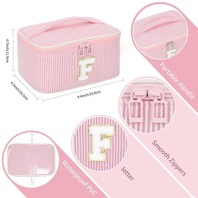 OCHEAL Makeup Bag for Women, Monogram Cosmetic Bag with Brush Holder, Pink Travel Makeup Case Beauty Toiletry Bag Organizer Personalized Gifts for Girls Bridesmaid, Sister, Wife, Friends Initial F