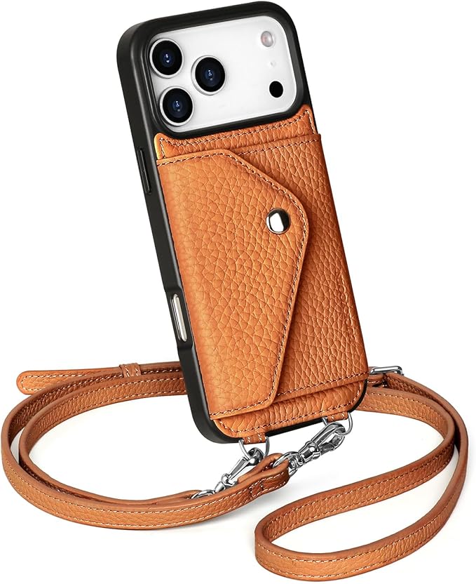 LUCKYCOIN Crossbody Wallet Phone Case for iPhone 17 Pro Max,100% Genuine Leather Wallet Phone Case with Expandable Flip Card Holder,Phone Purse for Women with Adjustable Removable Strap - Pebble Brown