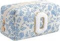 Gleyemor Personalized Initial Makeup Bag for Women, Cute Quilted Blue Floral Cotton Cosmetic Bag, Christmas Gifts for Her Mom Friend Sister Bridesmaid Teacher Women O