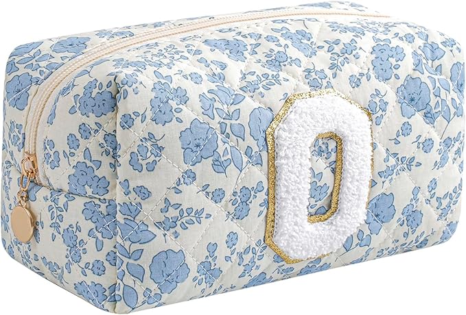 Gleyemor Personalized Initial Makeup Bag for Women, Cute Quilted Blue Floral Cotton Cosmetic Bag, Christmas Gifts for Her Mom Friend Sister Bridesmaid Teacher Women O