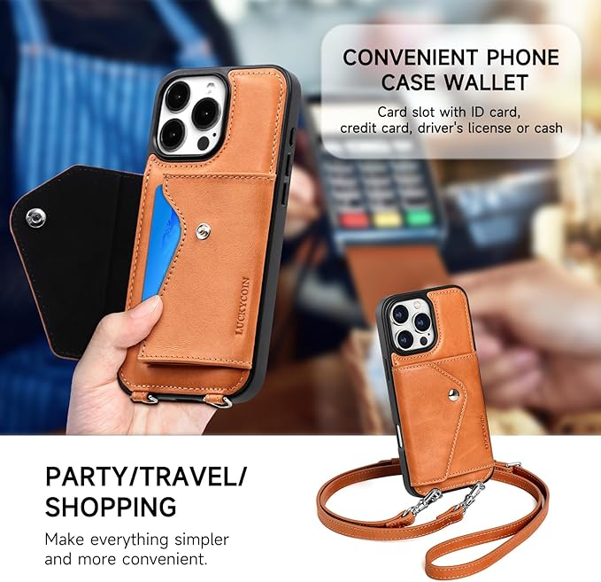 LUCKYCOIN Crossbody Wallet Phone Case for iPhone 16 Pro Max,100% Genuine Leather Wallet Phone Case with Expandable Flip Card Holder,Phone Purse for Women with Adjustable Removable Strap - Tan