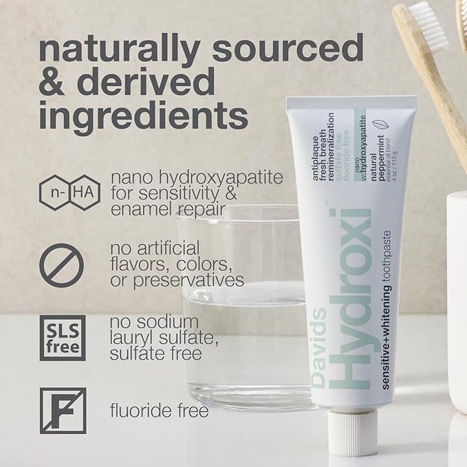 Davids Hydroxi Fluoride Free Nano Hydroxyapatite Toothpaste for Remineralizing Enamel & Sensitive Relief, Whitening, Antiplaque, SLS Free, Natural Peppermint, 4 oz, Made in USA
