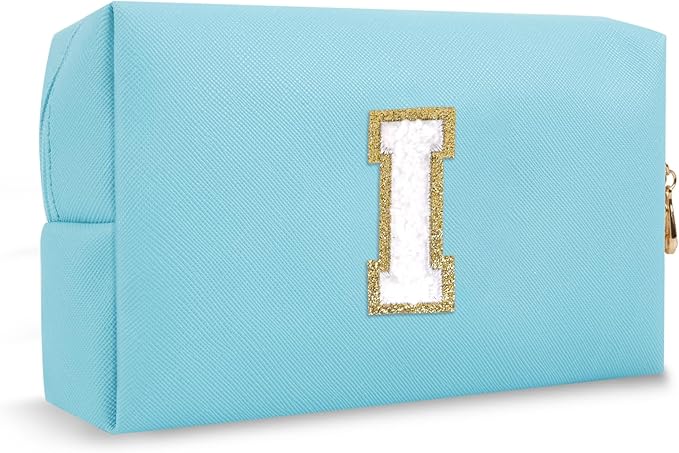 Personalized Small Initial Preppy Makeup Bag, Cute Blue Chenille Letter Cosmetic Organizer Toiletry Travel Pouch, Waterproof Portable PU Monogram Make Up Bag Case Gift for Women Friends Her(Letter I)