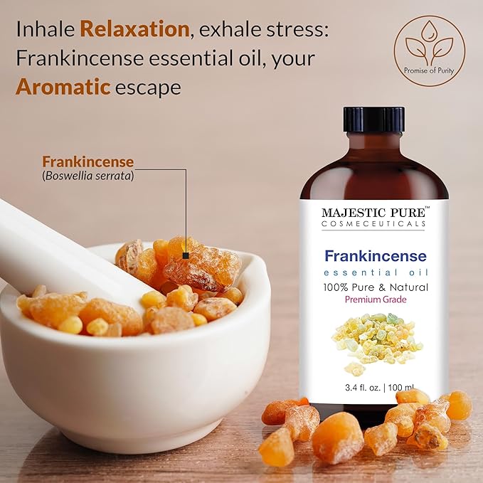 Majestic Pure Frankincense Essential Oil with Glass Dropper - 3.4 Fl Oz - 100% Pure and Natural Frankincense Oil - Premium Grade Essential Oils for Diffuser, Aromatherapy, Soap and Candle Making