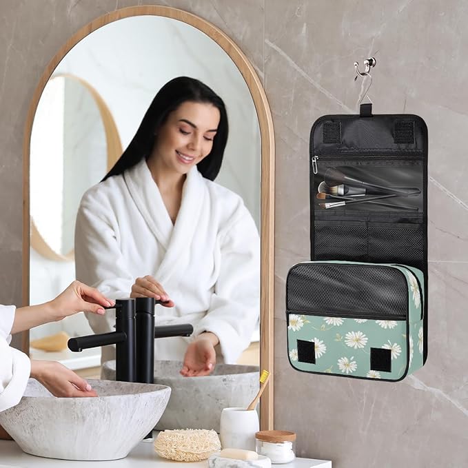 Travel Toiletry Bag for Women & Men Flower Daisy White Hanging Cosmetic Organizer Portable Waterproof Makeup Case Make Up Bag with Compartments Travel Essentials for Bathroom Shower