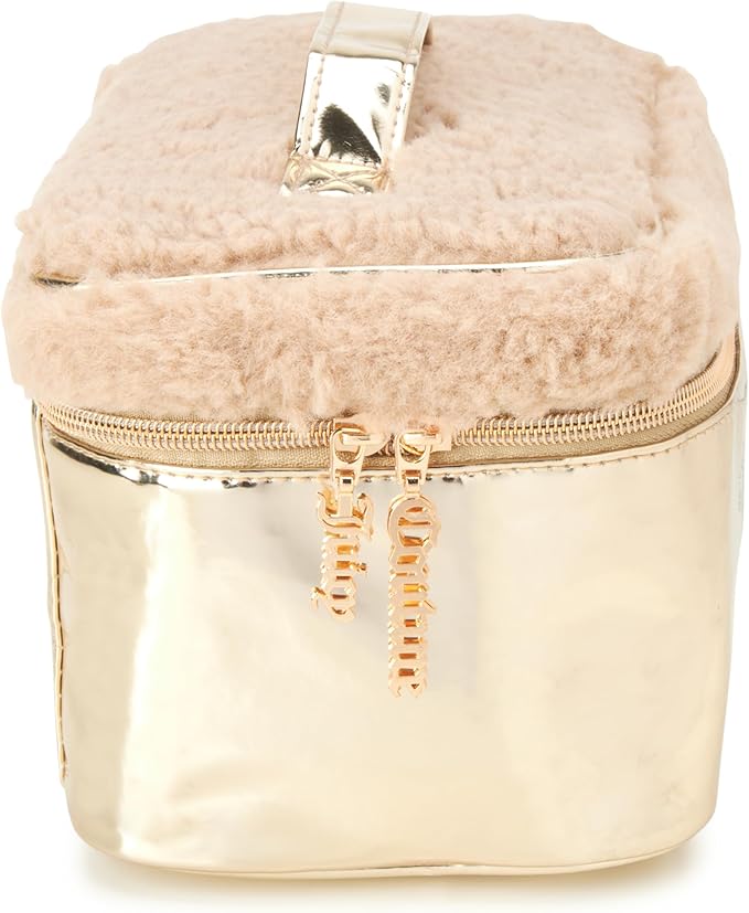 Juicy Couture Gold Makeup Bag Cosmetics Organizer Travel Essentials Train Case Shiny Rhinestones Faux Shearling
