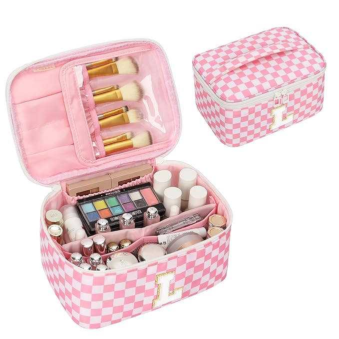 OCHEAL Makeup Bag for Women, Monogram Cosmetic Bag with Brush Holder, Pink Travel Makeup Case Beauty Toiletry Bag Organizer Personalized Gifts for Girls Bridesmaid, Sister, Wife, Friends Initial L