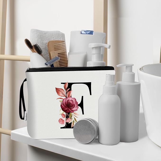 Vavabox A-Z Personalized Makeup Bag, Birthday Gifts for Women Mom, Gifts for Best Friend, Bride Bridesmaid Cosmetic bag (F, 03-White Set)